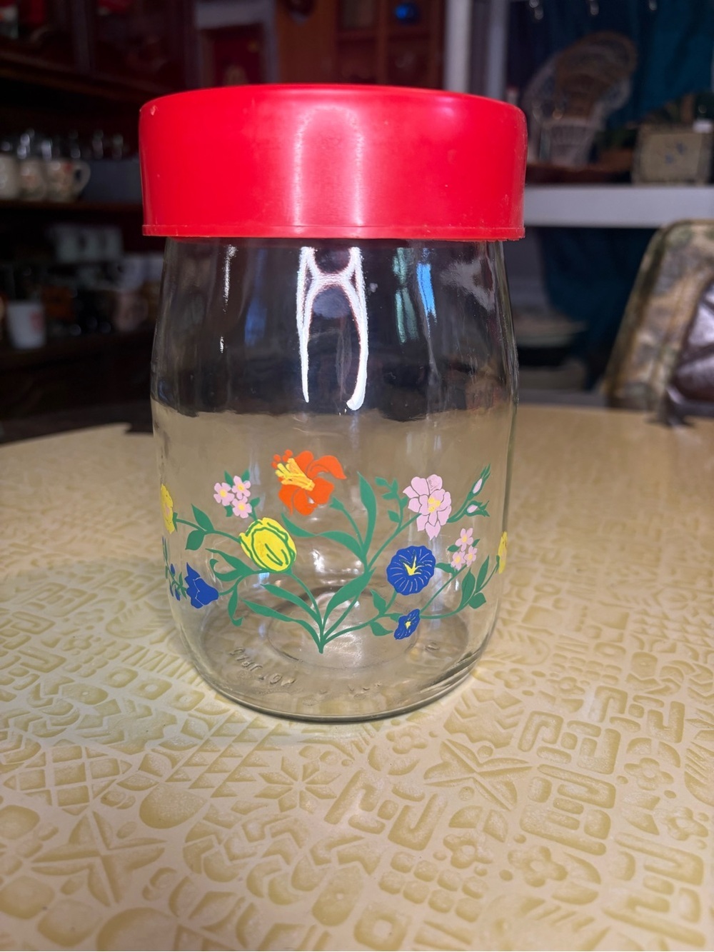 Red-Lid Floral Glass Storage Jar - Home Kitchen Food Storage